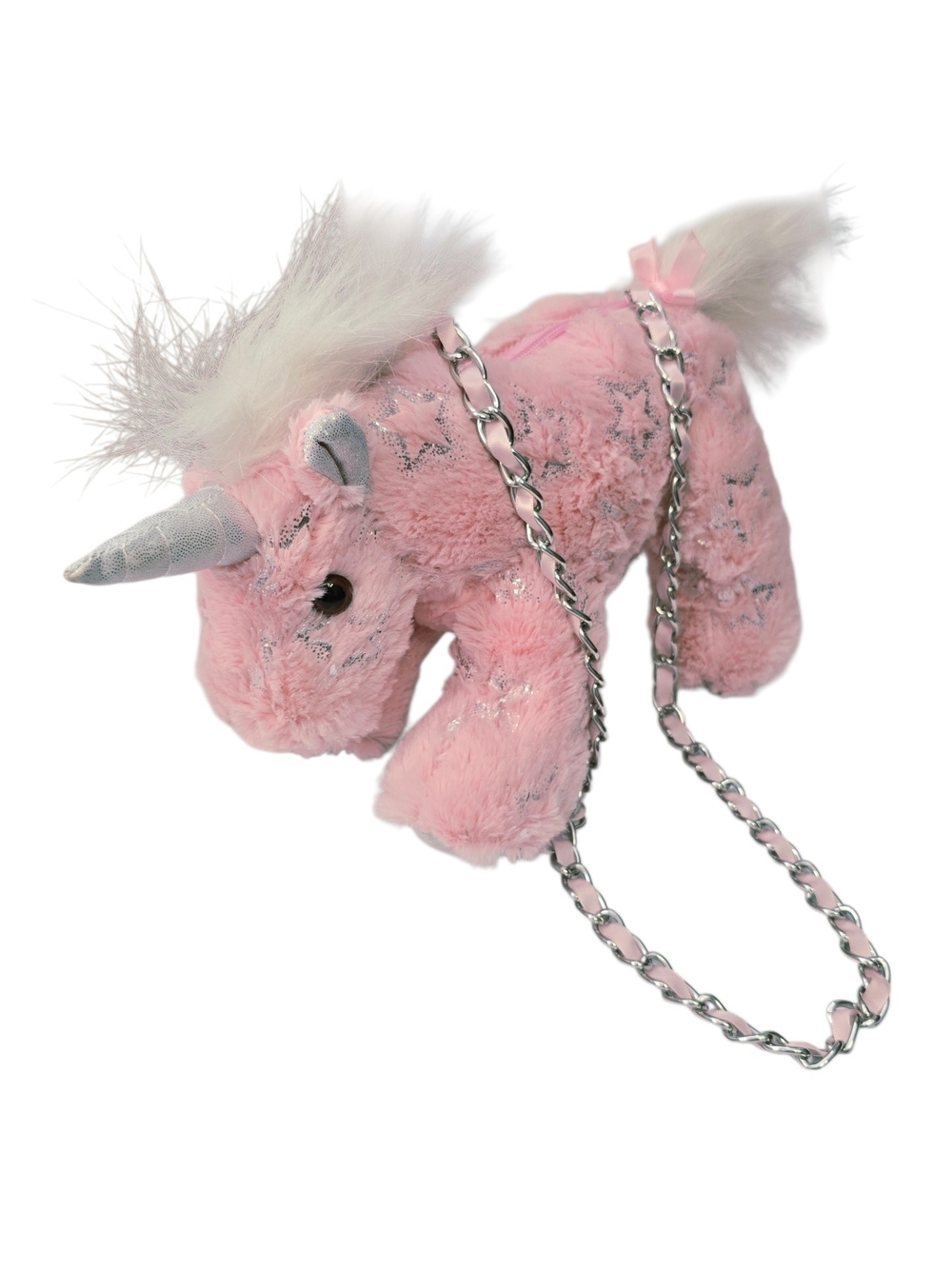 Pink Plush Unicorn Crossbody Purse with Silver Chain